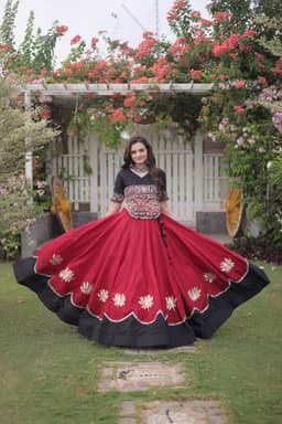 Wine Roman Silk Lehenga with Lotus Gota and Kutchi Gamthi Blouse