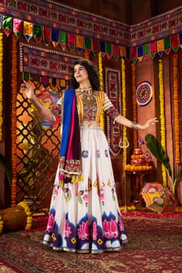 White Gaji Silk Navratri Lehenga Choli for Garba