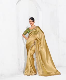 Champagne Gold Designer Organza Saree for Wedding Wear