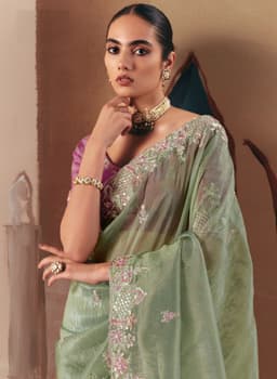 Sage Green Wedding Guest Saree With Embroidery
