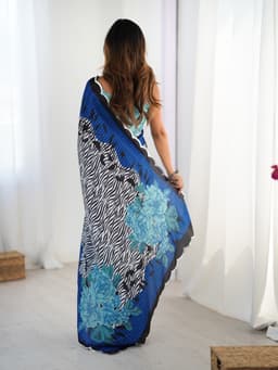 Indigo Blue Floral Printed Chinon Saree with Mirror Work