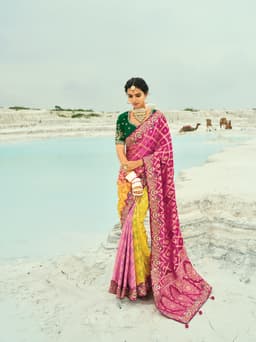 Rani Yellow Pink Georgette Bridal Saree