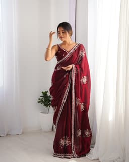 Wine Satin Floral Embellished Saree