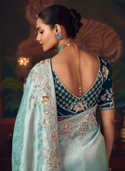 Ice Blue Silk Saree with Heavy Embroidery Work