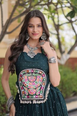 Deep Teal Green Rayon Lehenga with Gamthi Mirror Blouse