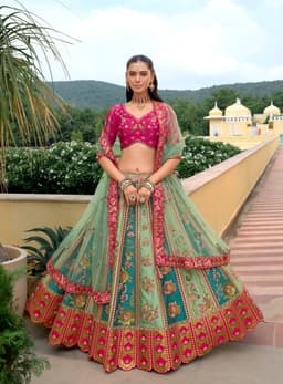 Luxury Sea Green Silk Bridal Lehenga Front View