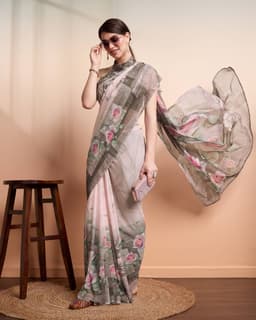 Taupe Floral Printed Georgette Saree