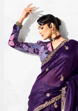 Royal Purple Glass Tissue Organza Saree for Wedding Reception