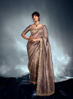 Luxury Taupe Tissue Organza Saree for Reception Wear