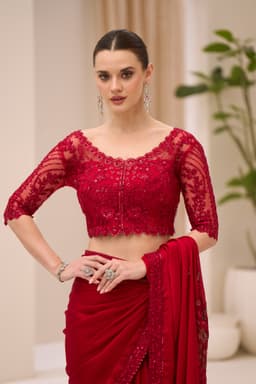 Luxury Red Satin Embroidered Chiffon Saree for Wedding