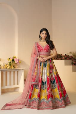 Multi Color Silk Bridal Haldi Wear Lehenga