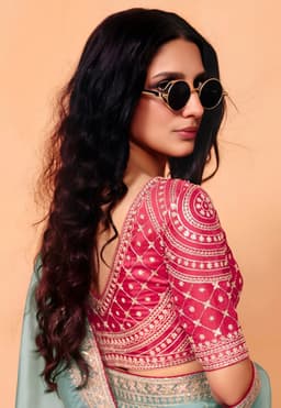 Powder Blue Organza Heavy Sequins Embroidered Wedding Saree