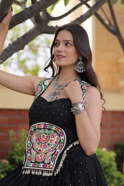 Black Rayon Lehenga with Mukesh & Gamthi Mirror Work