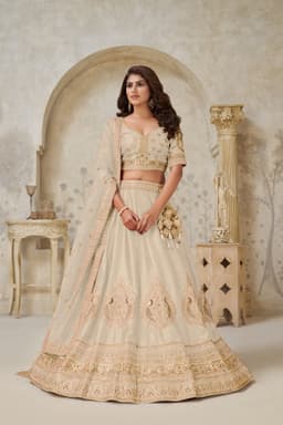 Luxury Cream Silk Bridal Lehenga with Peacock Embroidery