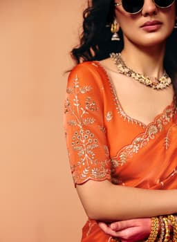Burnt Orange Organza Satin Silk Heavy Sequins Party Saree
