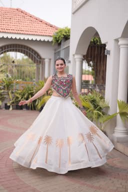 Ivory Lehenga with Multicolor Gamthi Blouse & Coconut Gota
