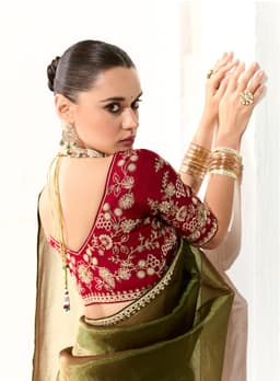Olive Green Organza Tissue Party Wear Saree