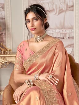 Peach Bridal Wear Jacquard Silk Saree