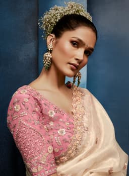 Ivory Fancy Saree with Pink Embroidered Designer Blouse