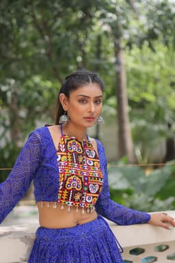 Royal Blue Bandhej Lehenga with Gamthi Blouse for Navratri