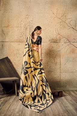 Golden Beige Modal Satin Ajrakh Print Saree for Women