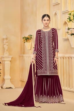 Wine Faux Georgette Sharara Suit