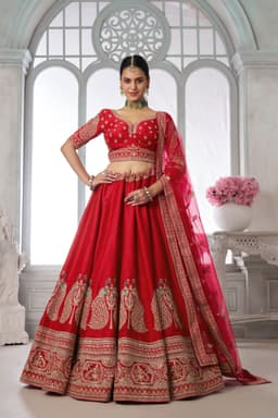 Royal Red Silk Peacock Embroidered Wedding Bridal Lehenga