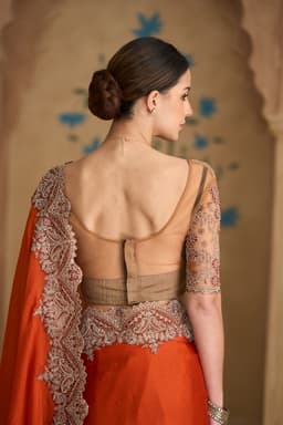 Rust Orange Satin Chiffon Embroidered Wedding Saree
