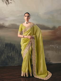Lime Green Tissue Zari Floral Embroidered Saree