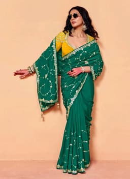 Emerald Green Satin Silk Heavy Sequins Wedding Saree