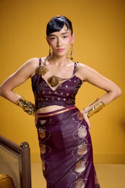 Plum Banarasi Style Saree with Gold Floral Weaving