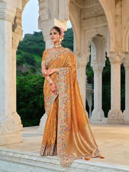 Golden Heavy Embroidery Saree for Festive Wear