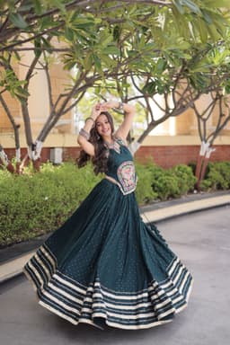 Deep Teal Green Rayon Lehenga with Gamthi Mirror Blouse