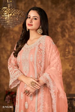Peach Designer Embroidered Palazzo Suit