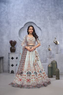 Sky Blue Peacock Embroidered Banarasi Silk Lehenga