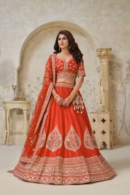 Rust Orange Silk Bridal Lehenga with Zari Work
