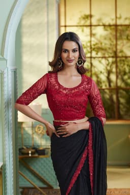 Black Red Chiffon Saree for Party & Cocktail Wear