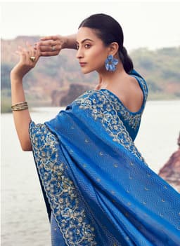 Royal Blue Pure Satin Silk Khatli Work Saree