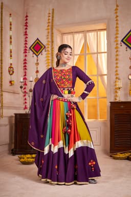 Purple Viscose Cotton Navratri Lehenga