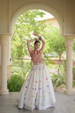 White Heart Embroidery Lehenga with Kutchi Top