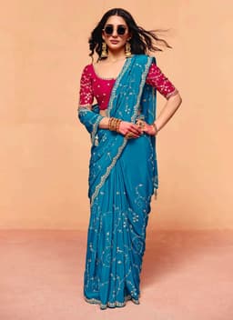 Teal Blue Satin Silk Heavy Sequins Embroidered Party Saree