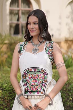 Ivory White Rayon Lehenga with Mukesh & Gamthi Work