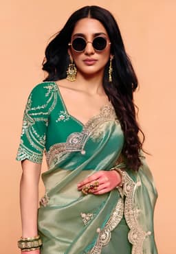 Sage Green Organza Heavy Sequins Embroidered Wedding Saree