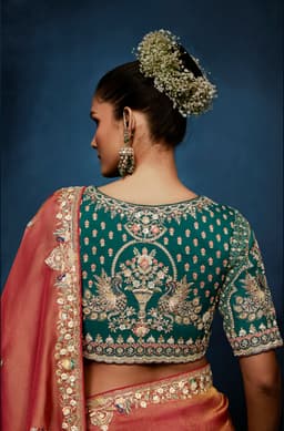 Peach Coral Fancy Saree with Peacock Embroidered Blouse