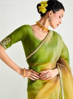 Sea Green Yellow Organza Saree for Festive Wear