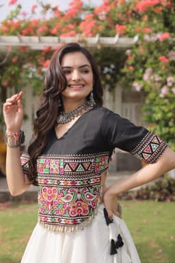 White & Black Lehenga with Multicolor Kutchi Gamthi Blouse