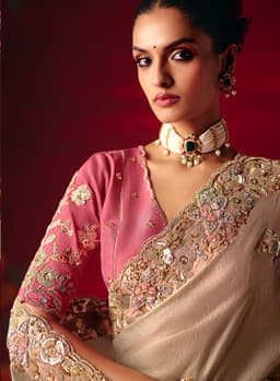 Beige Designer Embroidered Saree