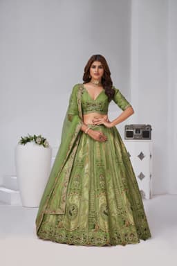 Mehndi Green Banarasi Silk Peacock Motif Wedding Lehenga