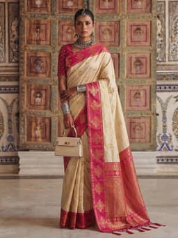 Cream Silk Saree with Pink Gold Woven Border