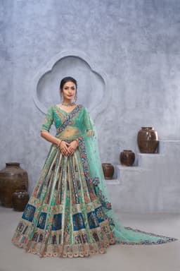Sea Green Peacock Banarasi Silk Bridal Lehenga
